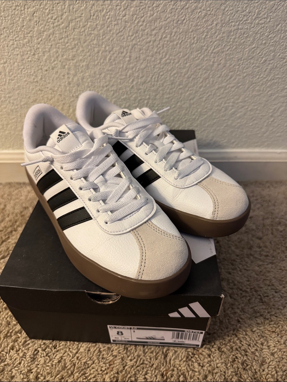 Adidas VL Court 3.0 White Sneakers with Black Stripes and Brown Sole - Picture 2 of 6